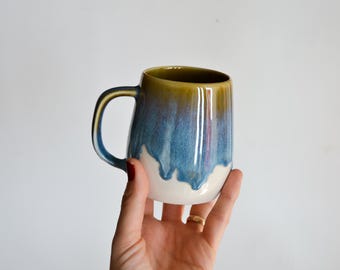 Handmade Blue Drip Glaze Ceramic Mug: 10 oz Stoneware Coffee Cup