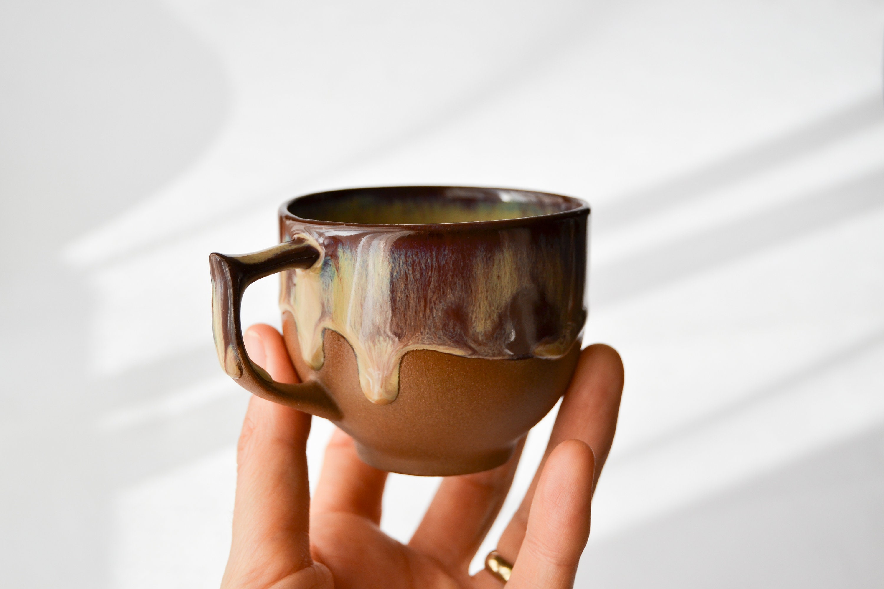Organic Modern Bubble Handle Amber Mug Beautiful Handcrafted Japandi Style  Coffee & Tea Chubby Mugs 1 Borosilicate Glass Mug 