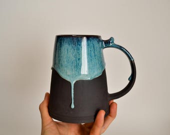 Handmade Stoneware Beer Stein: Large Black Ceramic Mug with Blue Glaze