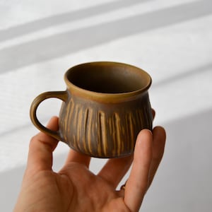 Handcrafted Rustic Stoneware Espresso Cup with Hand-Carved Patterns, Ceramic Espresso Mug with Handle