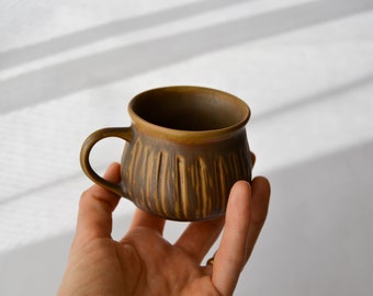 Handcrafted Rustic Stoneware Espresso Cup with Hand-Carved Patterns, Ceramic Espresso Mug with Handle