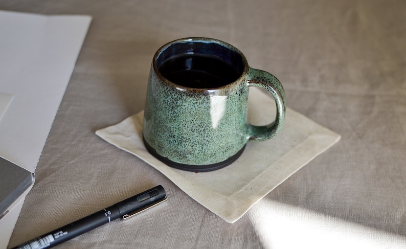 Handcrafted Black Stoneware Pottery Mug in Emerald Green, Ceramic Tumbler for Tea/Drip Coffee/Americano/Latte/Cappuccino, Cup with Handle image 4