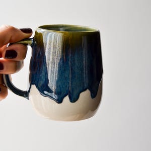 Handcrafted Stoneware Mug: Dark Blue Drippy Glaze, Modern Ceramic Coffee Mug