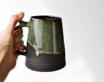 Green Artisan Mug Handmade Black Stoneware Beer Mug Ceramic Coffee Mug Big Mug Ceramic Stein Wheel Thrown Large Tea Mug Ceramic Tankard