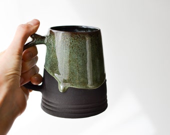 Handmade Emerald Green Glaze Stoneware Large Mug: Black Ceramic Beer Stein