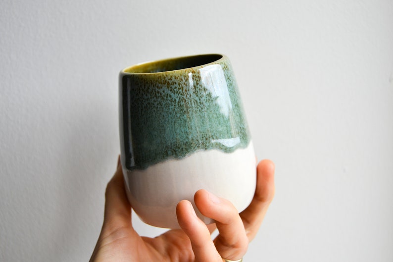 10 oz / 300 ml grüne Steinzeug-Tasse, Keramiktasse mit Henkel, Steinzeug-Teebecher mit tropfender Glasur, moderne Kaffeetasse Bild 4