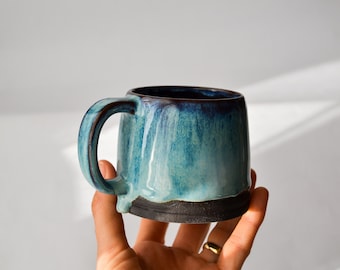 Taza de cerámica azul regalo de cerámica hecho a mano para su taza azul denim para taza de regalo amante del café con regalo de mango para él taza para té o café