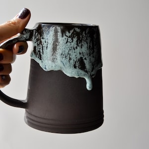 Handcrafted Large Black Stoneware Pottery Beer Mug with Drippy Glaze, Big Ceramic Beer Stein, Huge Coffee/Tea/Beer Mug, Ceramic Tankard
