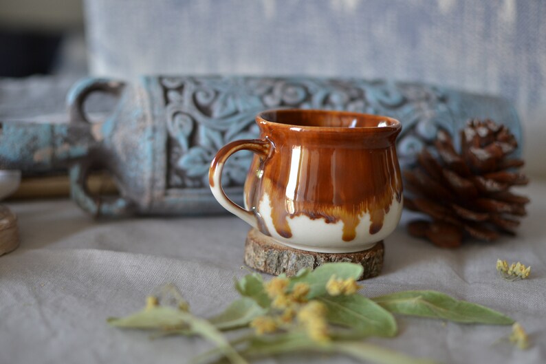 Handmade Ceramic Mug with Honey Brown Glaze, Espresso Cup with Handle, Ceramic Tea Tumbler, Stoneware Mug with Drippy Glaze image 8