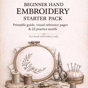Könnte beinhalten: Ein Anfänger-Handstick-Starter-Set mit einem Stickrahmen, einer Schere, Faden, Nadeln und einem Fingerhut. Das Set enthält eine druckbare Anleitung, visuelle Referenzseiten und 22 Übungsmotive. Der Text auf dem Bild lautet "ELVEE Home Nest Atelier".