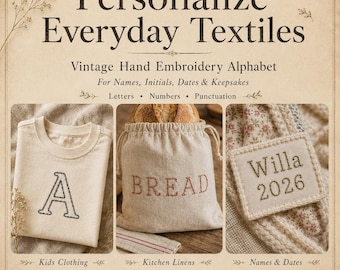Pode incluir: Imagem mostrando têxteis personalizados. Inclui uma camiseta bege bordada com a letra "A", uma bolsa de pão de linho bordada com "BREAD" e um patch com "Willa 2026". O texto diz "Personalize Everyday Textiles".