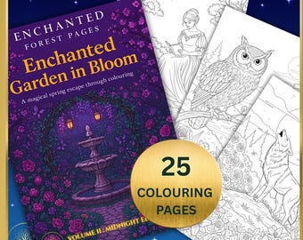 Libro para colorear de fantasía (PDF) / Jardín encantado (edición medianoche) / 25 páginas para colorear imprimibles para adultos y adolescentes / Arte relajante y mágico