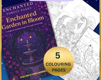 Libro para colorear de fantasía (PDF) / Jardín encantado (edición medianoche) / 5 páginas para colorear imprimibles para adultos y adolescentes / Arte botánico y mágico relajante