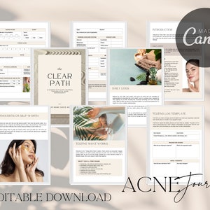 May include: A printable digital journal for tracking acne and skin care routines. The journal includes pages for daily logs, testing what works, thoughts on self-worth, and a clear path to healthy skin. The journal is titled "The Clear Path: A Guided Skin Care Journal for Holistic Acne Management".