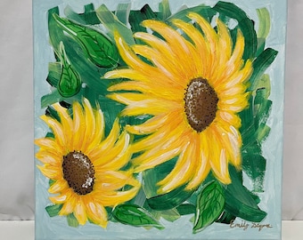 Yellow Sunflower Orignal Art Work Acrylic Painting with a Light Blue and Green Background