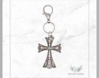Llavero con cruz de diamantes de imitación: dije religioso vintage de plata para bolso