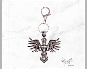 Llavero con cruz y alas de ángel – Anillo para llaves de plata antigua con diamantes de imitación