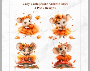 Clipart de ratones de otoño estilo cottagecore: paquete PNG de ratones de otoño (4 diseños)