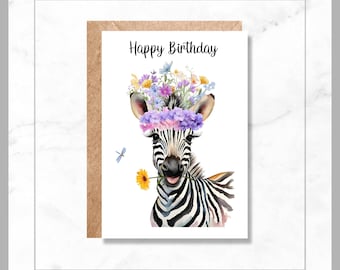 Tarjeta de cumpleaños de cebra para imprimir / Tarjeta de animal con acuarela floral / Descarga instantánea de 5x7