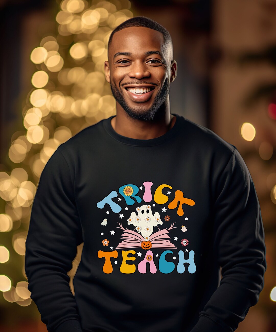 Trick or Teachretro Halloween Teacher Sweatshirt Groovy Etsy
