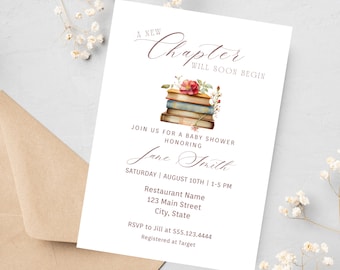 A New Chapter Is About To Begin | Story Book Shower | Book Themed Baby Shower | A New Chapter Begins Baby Shower Invite. D26a.1