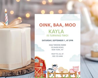 Farm Animal 2nd Birthday Invitation: Oink Baa Moo Theme (Digital Download, 5x7 Canva Template)