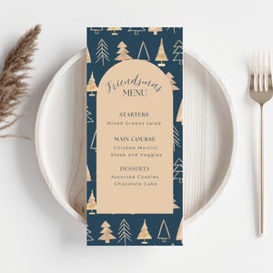 Rustykalne nowoczesne menu na imprezę świąteczną, edytowalny szablon złotej choinki, minimalistyczne menu świąteczne do wydrukowania, menu imprezy Friendsmas. d33.09