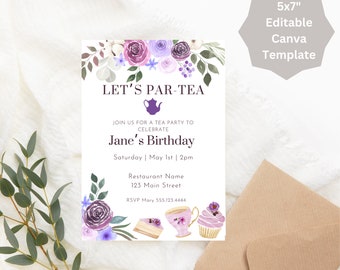 Let's Par-Tea Birthday Invite, Tea Birthday invite, Purple Watercolor Floral Tea Party invite, Editable Template, Instant Download   i37