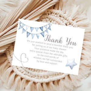 Landing Soon Baby Shower Thank You Card - Light Blue Clouds & Stars Design - Printable Airplane Theme - Editable Template. d47.08