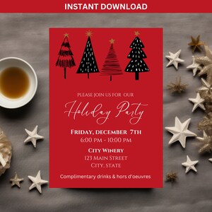 Sjabloon bedrijfsuitnodiging feestfeest, Office Holiday Party Invite, Happy Hour vakantieuitnodiging, bewerkbare Canva-sjabloon, rode uitnodiging.S29