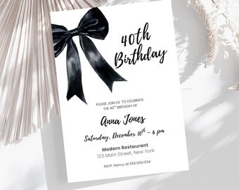 Invitación de 40 cumpleaños con lazo negro: Diseño elegante y coqueto (Plantilla digital de 5 x 7 pulgadas, Canva Edit)
