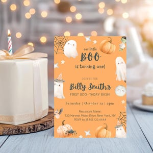 A Little Boo is Almost Due Baby Shower Invitation, Editable Halloween Invite for Boy, Cute Ghost Digital Download D65.07