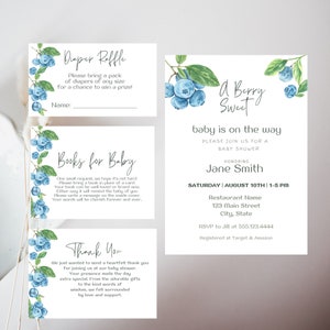 Blueberry Baby Shower Invitation Set Template | Editable Berry Sweet Baby Shower Invitation Bundle | Berry Sweet Baby On The Way. D25