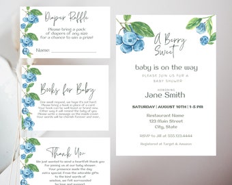 Blueberry Baby Shower Invitation Set | Editable Template (Digital Download). D25