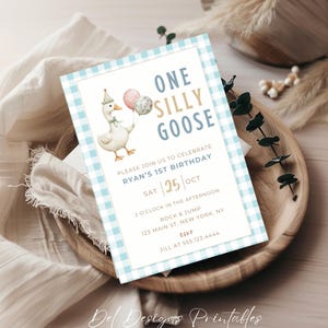 One Silly Goose Invitation Template, Editable Blue 1st Birthday Invite, Digital Goose Party Invitation d62.01b