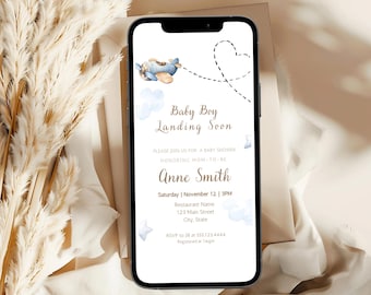 Landing Soon Baby Shower Evite - Adventure Themed - Editable Template - Baby Shower Evite for Baby Boy. Airplane Evite. d47.02