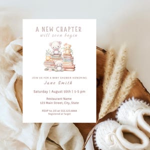 A New Chapter Will Soon Begin Baby Shower Invitation, Editable Storybook Theme, Digital Download Template. d26.5