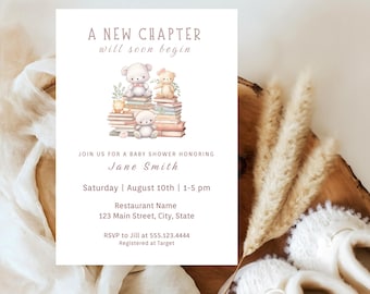 A New Chapter Will Soon Begin Baby Shower Invitation, Editable Storybook Theme, Digital Download Template. d26.5