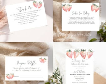 Strawberry Baby Shower Invitation Bundle | Editable Canva Template (Digital Download). D25