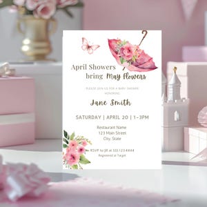 April Showers Bring May Flowers - Editable Baby Shower Invitation Template - Instant Download - Spring Floral Design.d55.03