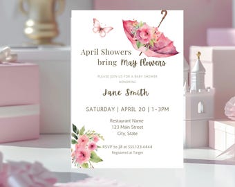 April Showers Bring May Flowers - Editable Baby Shower Invitation Template - Instant Download - Spring Floral Design.d55.03