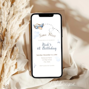 Airplane 1st Birthday Invitation, Time Flies 1st Birthday Invitation, Boy Airplane Party Invite, Boy 1st Birthday, Editable. d47.14