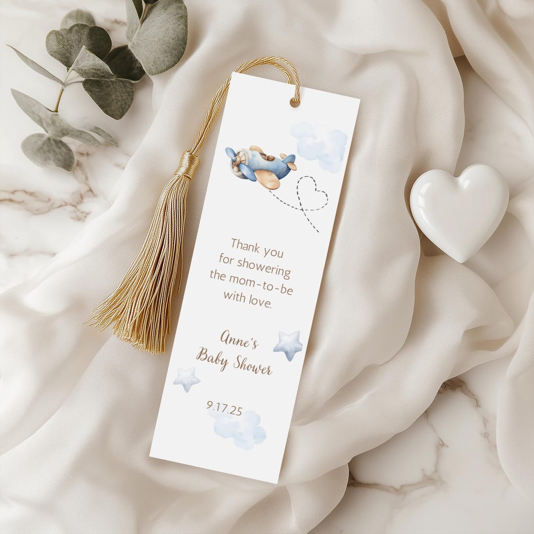 Airplane Baby Shower Bookmark Favor - Editable Digital Template ...