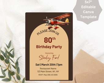 80th Birthday Invitation with Airplane, 80th Birthday Plane Invite, Airplane Invite, Vintage Airplane Invitation, Patriotic Invite. D09a