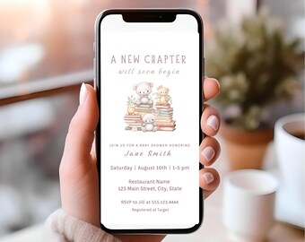 A New Chapter Will Soon Begin Baby Shower Evite, Editable Storybook Theme, Digital Download Template. d26.6