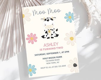 Moo Moo I'm Two Birthday Invite, jolie invitation de fête à la ferme modifiable pour le 2e anniversaire, téléchargement numérique. d69.01