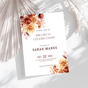 Fall Birthday Invitation for women, Autumn Birthday, Fall, Canva Template,  Editable  Invitation, Instant Download, Print at home- I27