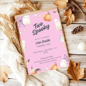 Two Spooky Invite, Fun Halloween Birthday Invitation, Cute Pink Ghost Design, Editable Template for Instant Download. D65.11
