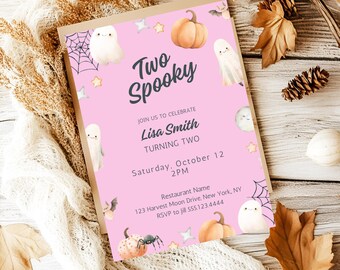 May include: A pink Halloween-themed invitation with the text "Two Spooky" and details for a birthday party. The design includes watercolor pumpkins, ghosts, bats, and spiderwebs. The invitation is surrounded by autumn leaves and decorative elements.