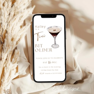 Ein etwas älterer Evite, Espresso Martini-Geburtstags-Digital-Evite, Martini-Geburtstagsfeier, bearbeitbarer Espresso Martini-Geburtstags-Evite. d46.03